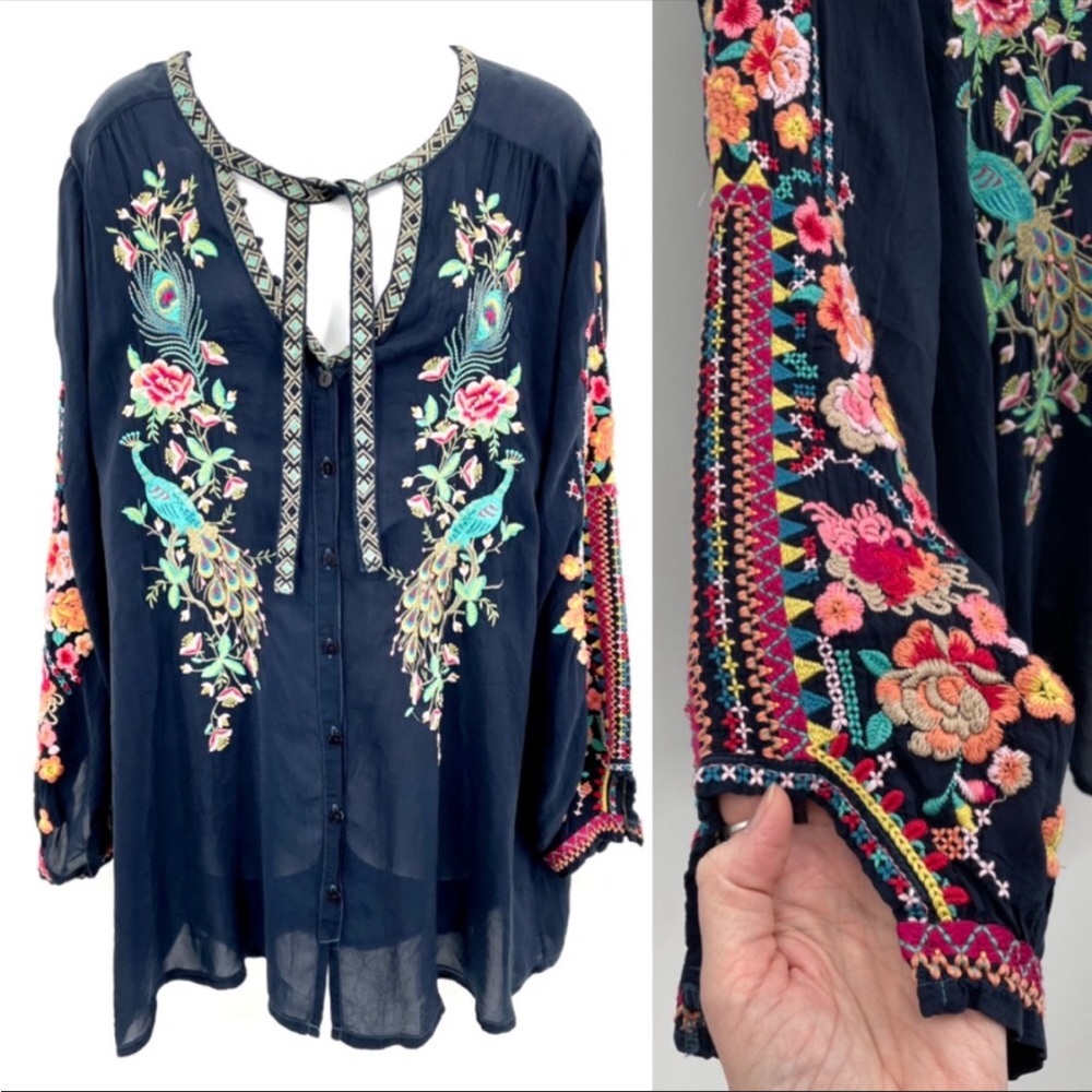 Johnny Was navy heavily embroidered with peacocks, flowers, designs L